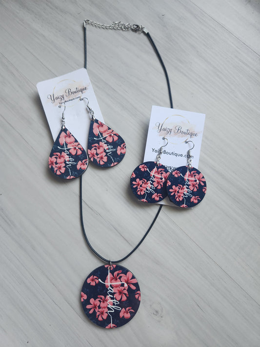 Plumeria rose et bleu. Ensemble collier et boucles d'oreilles faits main