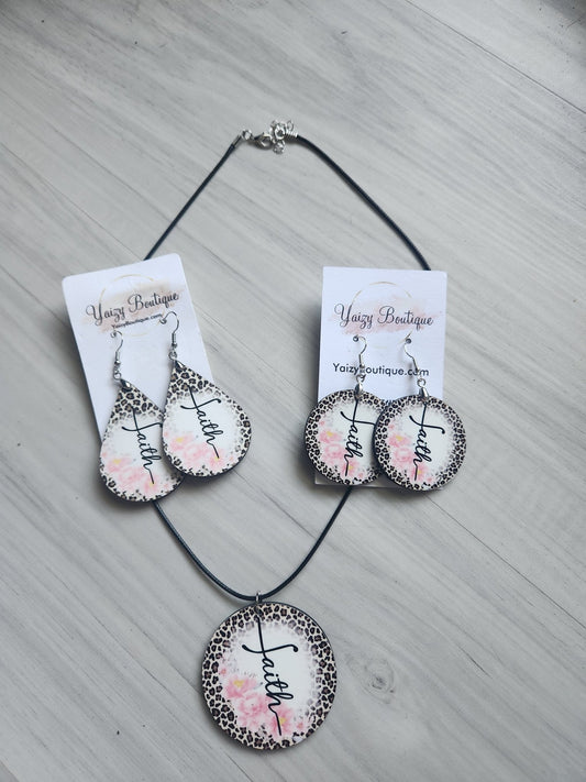 Animal Print and Pink Flowers Faith Necklace Earring Set - Yaizy Boutique