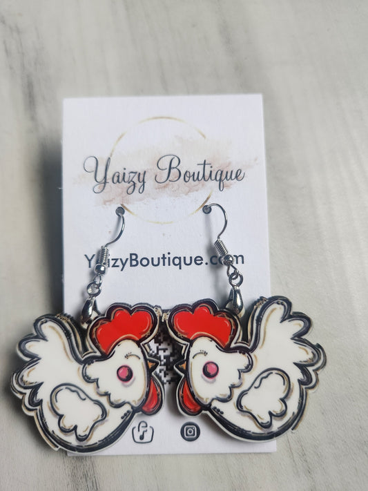 Boucles d'oreilles faites main en forme de poulet heureux