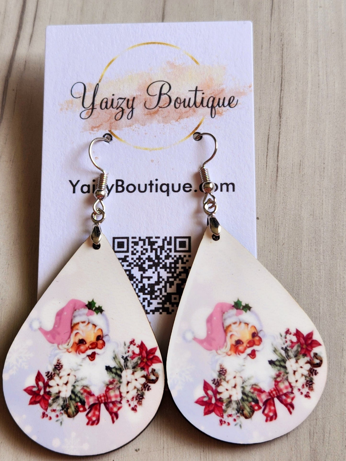 Boucles d'oreilles faites main Père Noël rose avec poinsettia