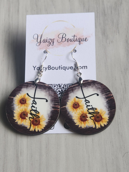 Sunflower on Dark Wood, Handmade Faith Earrings