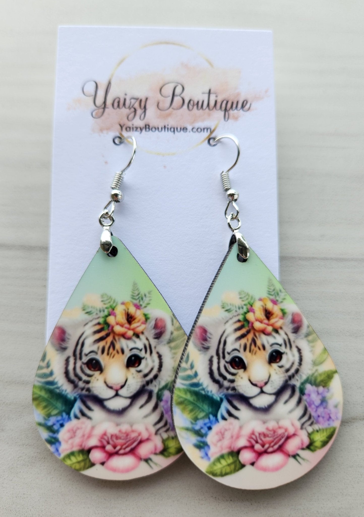 White Tiger with flowers handmade Earrings - Yaizy Boutique